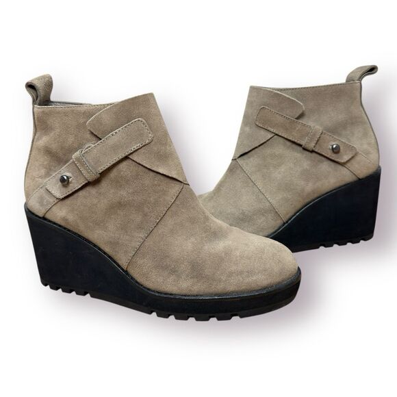 Eileen Fisher Platform Suede Wedge Boots Bootie Womens 8 Side Zip Strap Brown - Picture 1 of 8